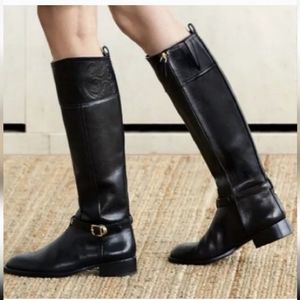 Tory Burch Marlene Black Leather Riding Boots black big logo zipper closure